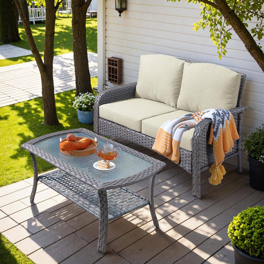 Hyacinth Gray 2-Piece Wicker Patio Outdoor Conversation Loveseat Set with a Coffee Table and Beige Cushions price history on PriceWatchPro