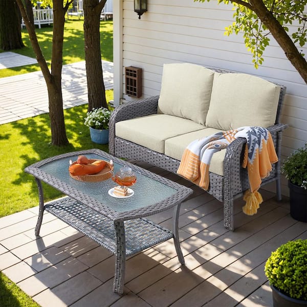 weaxty W Hyacinth Gray 2-Piece Wicker Patio Outdoor Conversation Loveseat Set with a Coffee Table and Beige Cushions