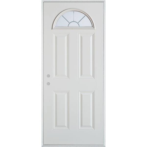 Stanley Doors 32 in. x 80 in. V-Groove Fan Lite 4-Panel Painted White Right-Hand Inswing Steel Prehung Front Door