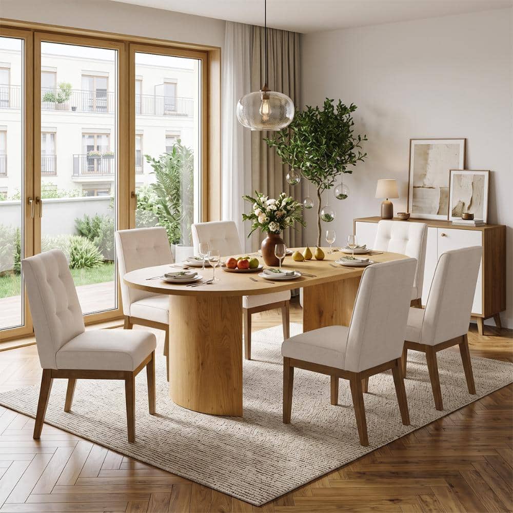 79" Oval Dining Table Set for 6, Dining Table with Double Pedestal Base, Beige Upholstered Tufted Dining Chairs