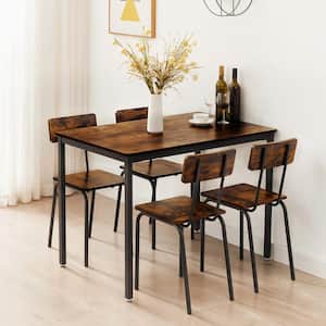 5 Piece Industrial Wooden Dining Table Set with Curved Corner Table, Dining Chairs, Adjustable Foot Pads