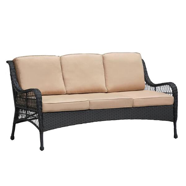 THY-HOM Menton 2-Piece Black Wicker Patio Conversation Set with Coffee Table Outdoor Seating Group with Navy Blue Cushion
