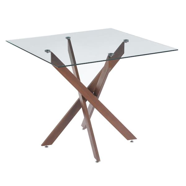 35.43 in. W Square Outdoor Dining Table with Dark Walnut Cross Metal Leg and Tempered Glass Top