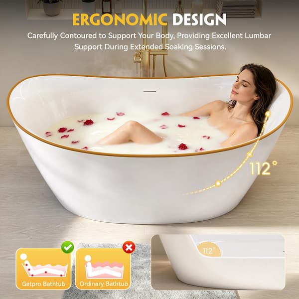59 in. x 29.5 in. Acrylic Freestanding Soaking Bathtub with Center Drain in Gloss White with Champagne Gold Trim