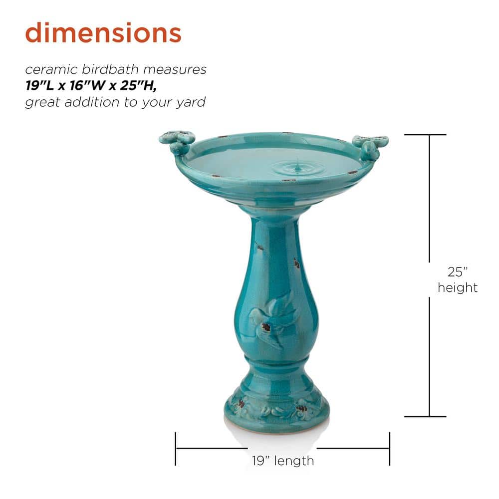Turquoise Ceramic Pedestal Bird Bath with Bird Figurines