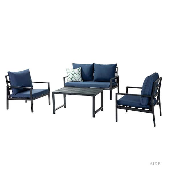 Willit 4-Piece Metal Patio Conversation Sofa Set with Blue Cushions