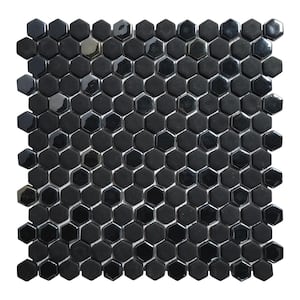 Black Iridescent Hexagon 12x12in. Recycled Glass Glossy and Matte Mosaic Floor and Wall Tile (10 sq. Ft./Box)