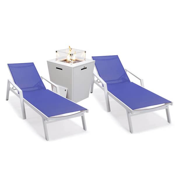 Leisuremod Marlin Modern White Aluminum Outdoor Chaise Lounge Chair With Arms Set of 2 and Fire Pit Table, Navy Blue