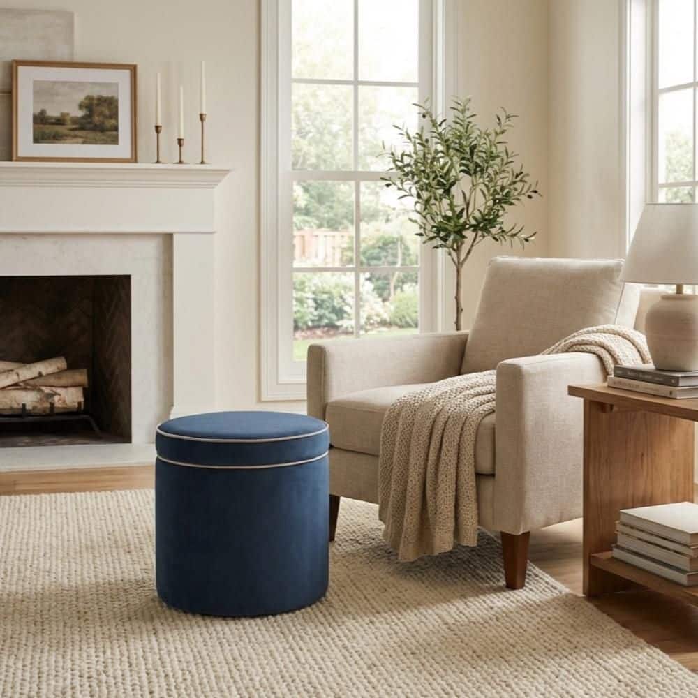 Homepop Ava Blue Velvet Round Decorative Accent Storage Ottoman K8789 ...