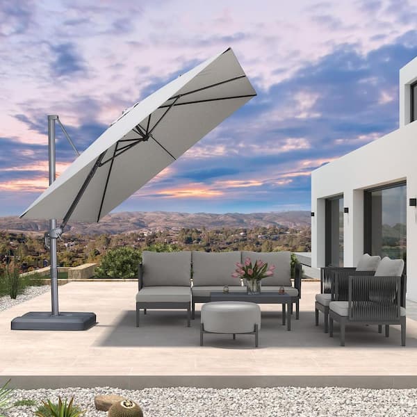 PURPLE LEAF 10 ft. Square Outdoor Patio Cantilever Umbrella Aluminum Offset 360° Rotation Umbrella with Base, Light Gray