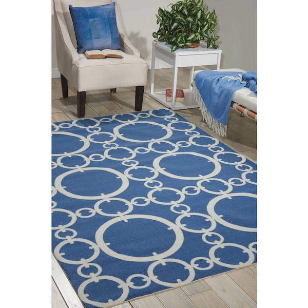 Connected Navy Blue 5 ft. x 7 ft. Geometric Modern Indoor/Outdoor Patio Area Rug