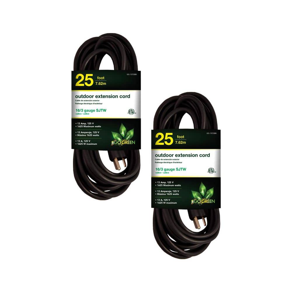 GoGreen Power GoGreen Power (G-13725BK-2) 25 ft. 16/3 Indoor Heavy Duty Extension Cord, Black, 2 PACK G-13725BK-2