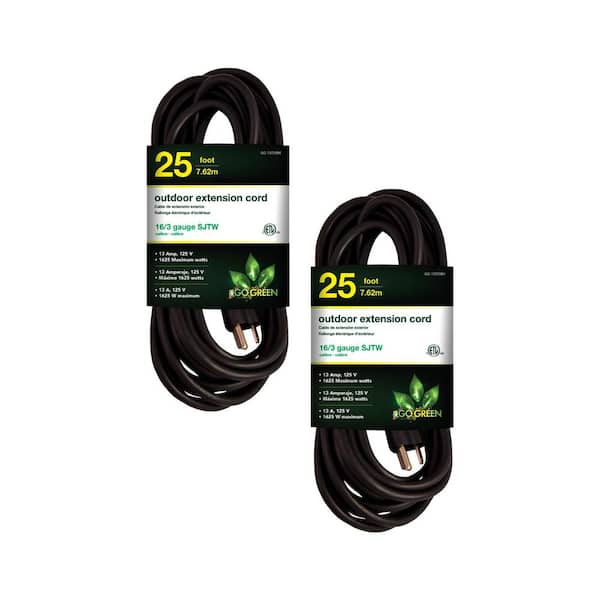GoGreen Power (G-13725BK-2) 25 ft. 16/3 Indoor Heavy Duty Extension Cord, Black, 2 PACK