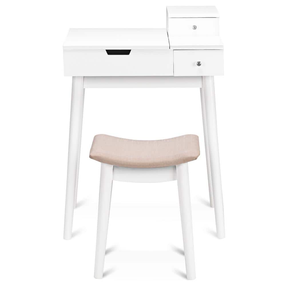 Elegant White Flip-Top Vanity Dressing Table with Concave Stool