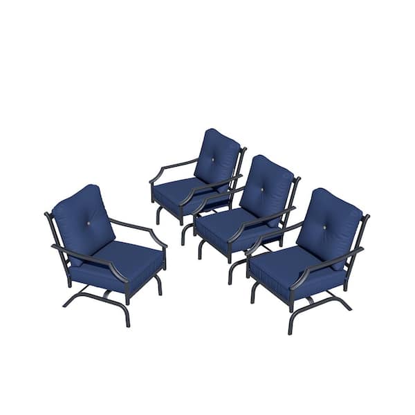 TOP HOME SPACE Rocking Metal Outdoor Dining Chair with Blue Cushions 4 of Chairs Included