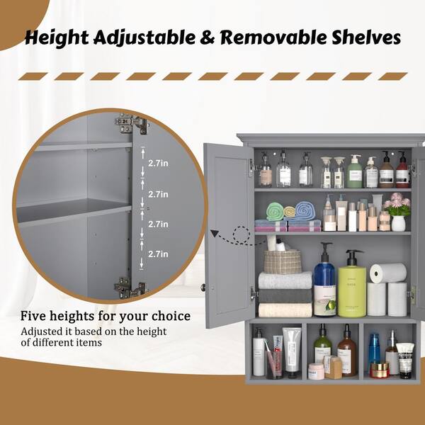 VEIKOUS 23.6 in. W x 30.4 in. H Rectangular Surface-Mount Bathroom Medicine Cabinet with Mirrors and Shelves in Gray