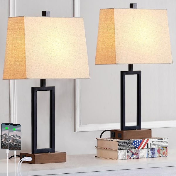 Cinkeda Glasby 23.5 in. Modern Table Lamp Set of 2 with USB Ports