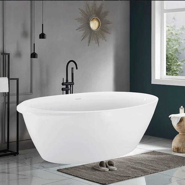 UPIKER 67 in. Modern Acrylic Flatbottom Freestanding Luxury Oval Tub Soaking Non-Whirlpool Bathtub in White