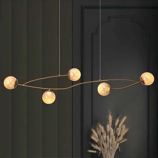 Cenlindes 5-Light Plating Brass Branch Integrated LED Chandelier with Gold-Flecked Glass Globes Modern Linear Light