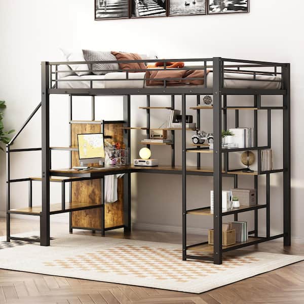 Black Full Size Metal Loft Bed with Built-in Desktop, Wardrobe, Lateral Storage Staircase, Shelves