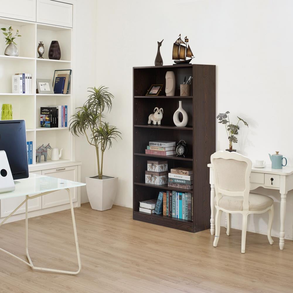 60" Tall Dark Brown Wooden Adjustable 5-Shelf Freestanding Bookcase