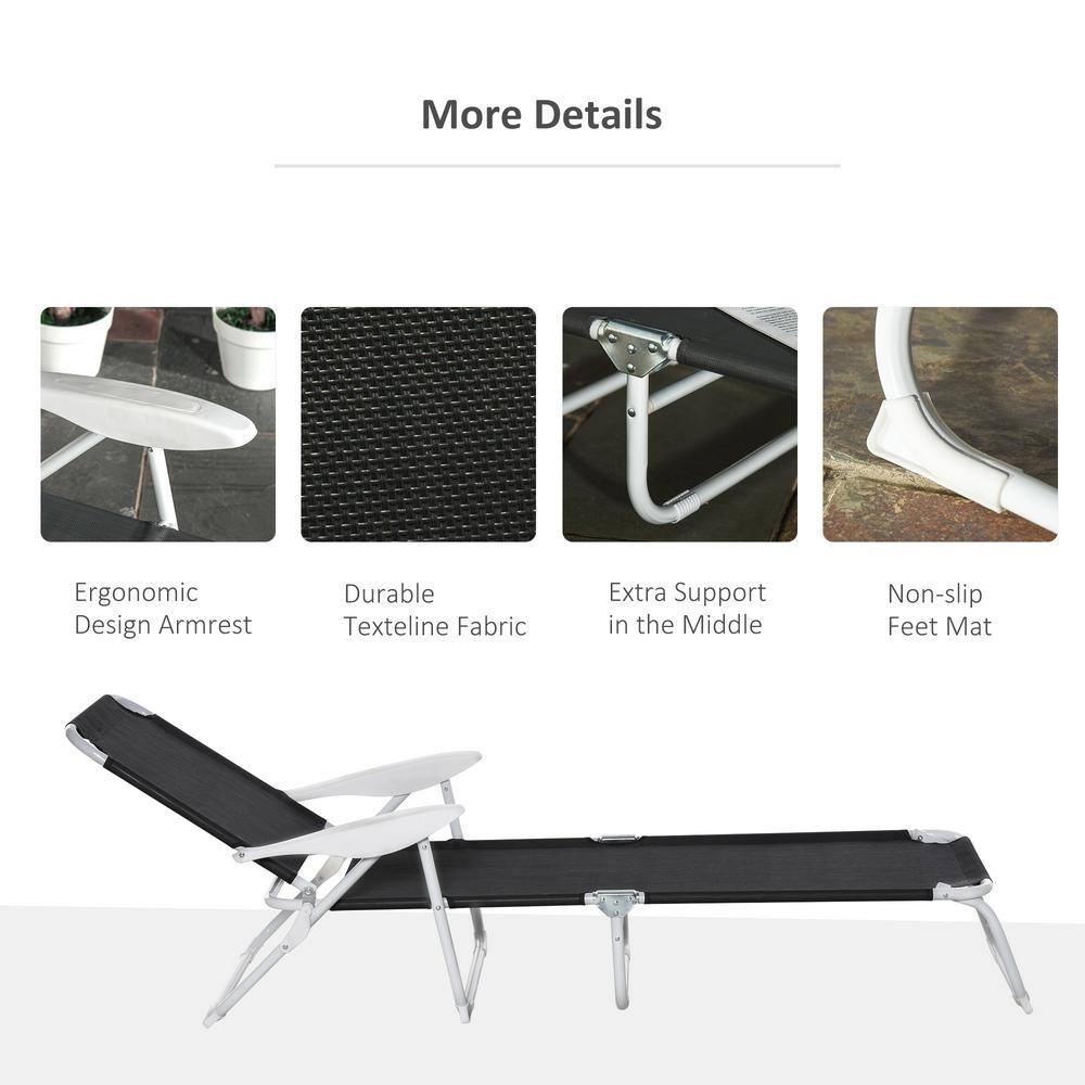 Black Mesh Fabric Folding Outdoor Chaise Lounge with Armrests