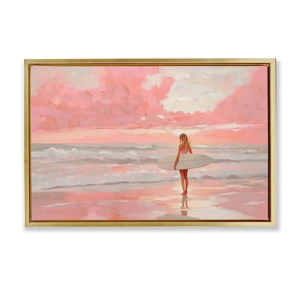 Pink Sky Surfer by LSR Design Studio Gold Floater Frame Coastal Graphic Art Print 21 in. x 31 in.