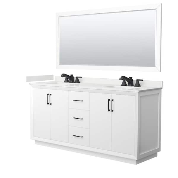 Wyndham Collection Strada 72 in. W x 22 in. D x 35 in. H Double Bath Vanity in White with White Quartz Top and 70 in. Mirror