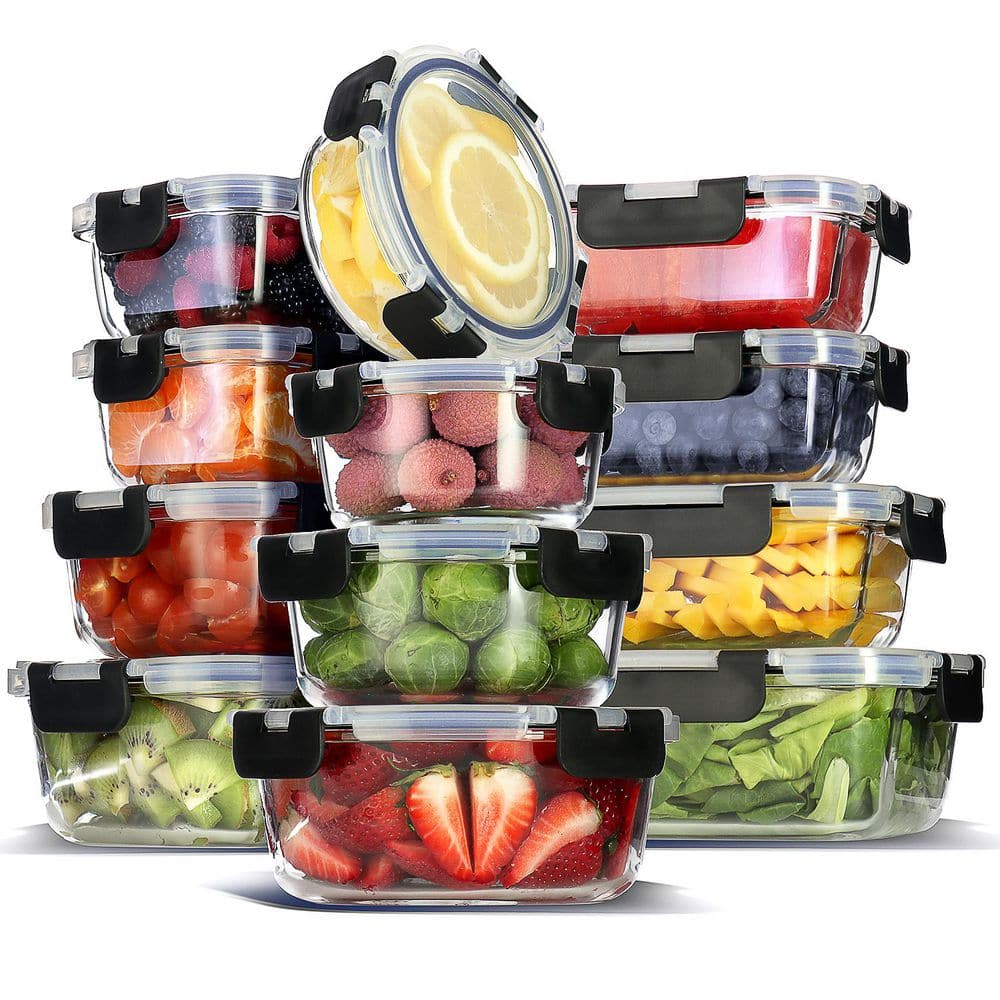 EATEX 12-Pack Glass Food Storage Containers with Lids EX-GC-12PC-BLK - The Home Depot