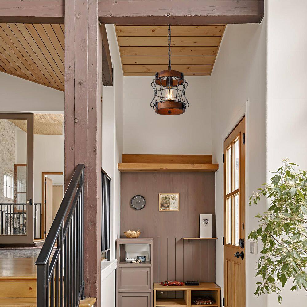 60-Watt 1-Light Black Farmhouse Pendant Light for Kitchen Island, with Solid Wood Accents, 59 in. Adjustable Chain price history on PriceWatchPro