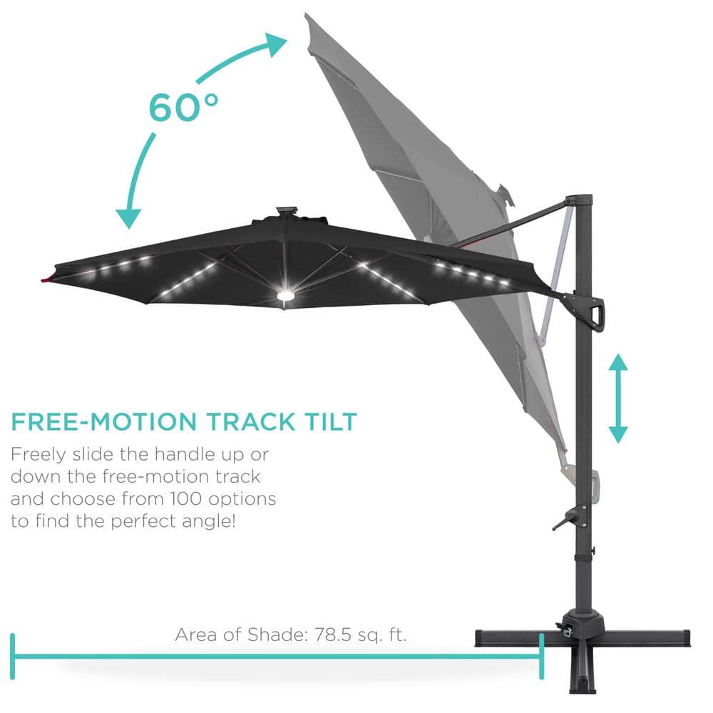 10ft Black Steel and Aluminum LED Cantilever Patio Umbrella