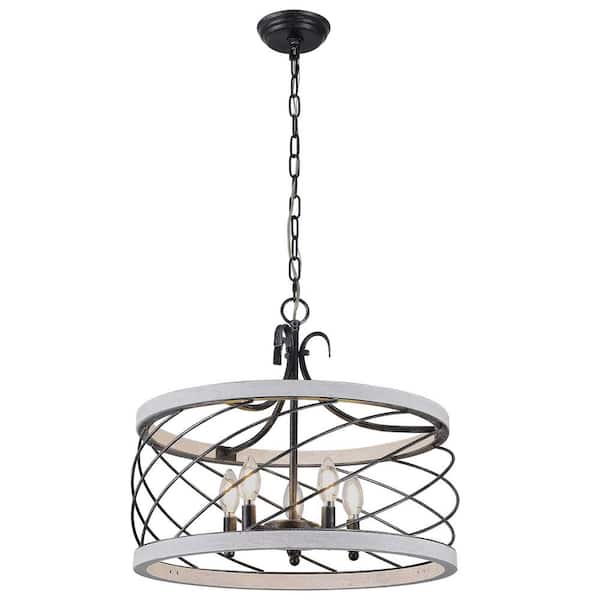 20 in. Iron 5 light Distressed White Drum Caged Chandelier Hanging Pendant Light for Kitchen Living Room