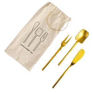Hammered Gold Finish Stainless Steal Appetizer Utensils in Printed Drawstring Bag, Set of 3 in Printed Drawstring Bag