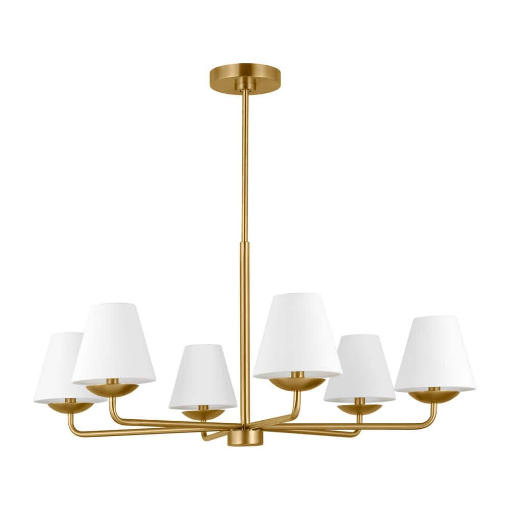 Albion Satin Brass 6-Light Chandelier with White Linen Shades