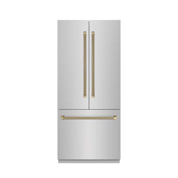 Autograph 36 in. French Door Built-In 19.6 cu ft Refrigerator with Stainless Steel Interior and Champagne Helix Handles