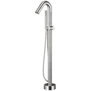 Single-Handle Freestanding Floor Mount Roman Tub Faucet Bathtub Filler with Hand Shower in Brushed Nickel