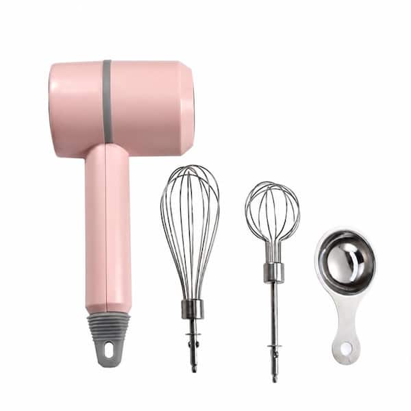 Pink Cordless USB Rechargeable Handheld Mixer with Twin Whips and Egg Separator for Baking and Cooking