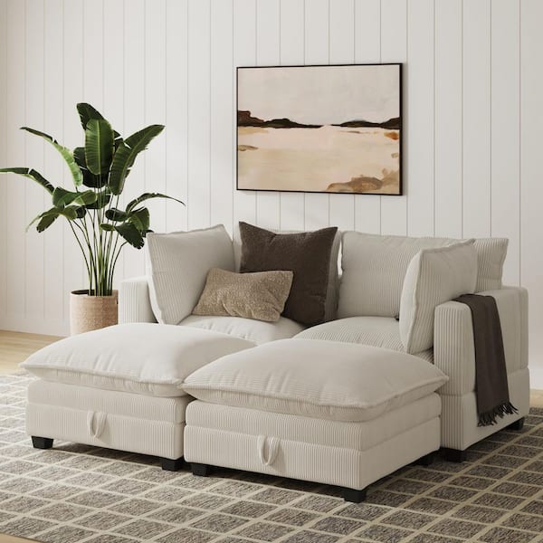 Chelsea 76.4 in Square Arm 4-Piece Corduroy Conversation Pit Square Sectional Sofa in Pearl White