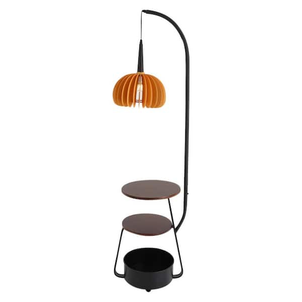 OUKANING 65 in. Black and Brwon Modern 1-Light Multifunctional Standard Floor Lamp with 2-Trays and 1-Storage Bin for Living Room