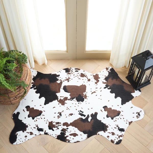 Faux Cow Hide Ivory/Dark Brown 5 ft. x 5 ft. Machine Washable Abstract Patches Area Rug