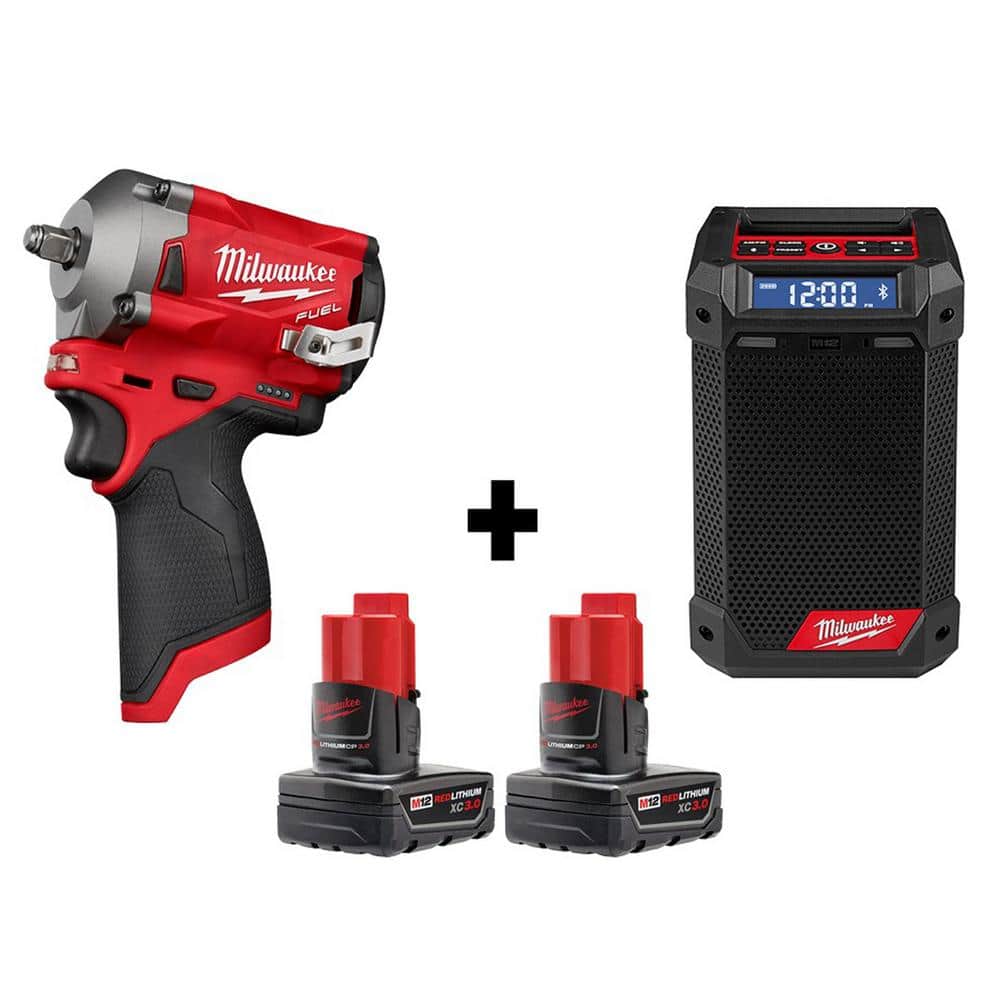 Milwaukee M12 FUEL 12-Volt Lithium-Ion Brushless Cordless Stubby 3/8 in. Impact  Wrench and Jobsite Radio with Two 3.0 Ah Batteries  2554-20-2951-20-48-11-2412 The Home Depot