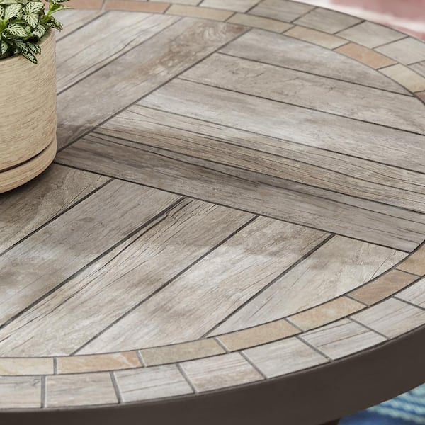 27 in. Brown Round Metal Outdoor Side Table with Grouted Porcelain Top