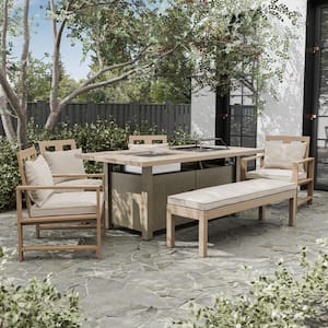 Bordeaux 6-Piece Steel Patio Fire Pit Dining Set With Beige Cushions