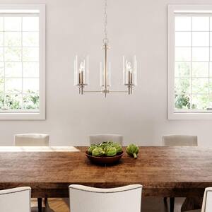 5-Light Brushed Nickel Chandelier with Etched Glass Shades For Dining Rooms
