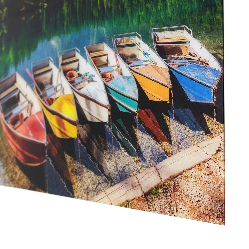 Vibrant Lakeside Boats Tempered Glass Landscape Wall Art