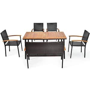 6PCS Rattan Outdoor Dining Set Patio Furniture Set w/Wooden Tabletop