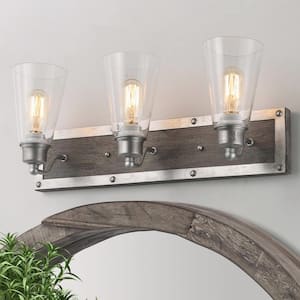 Rustic Silver Steel Bathroom Vanity Light with Gray Solid Wood Base Clear Glass Shade, 3-light Industrial Wall Sconce