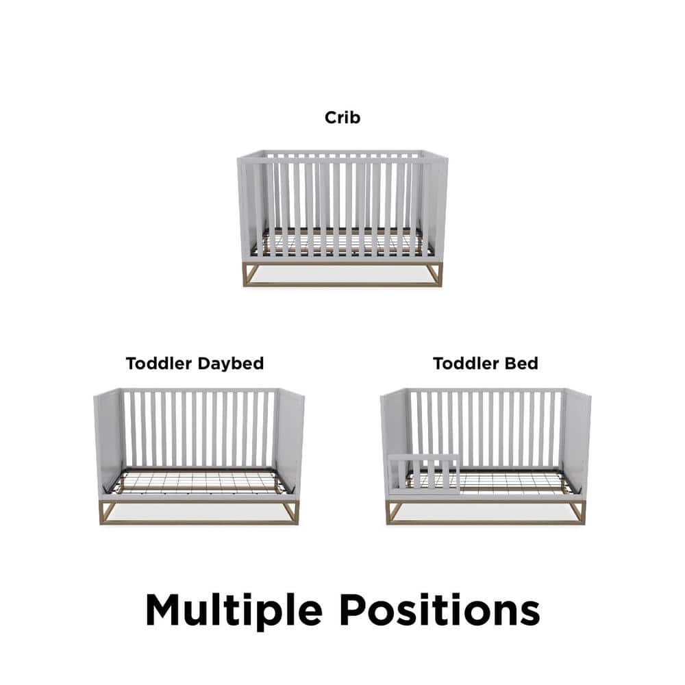 Dove Gray 3-in-1 Convertible Wood Crib with Gold Metal Base