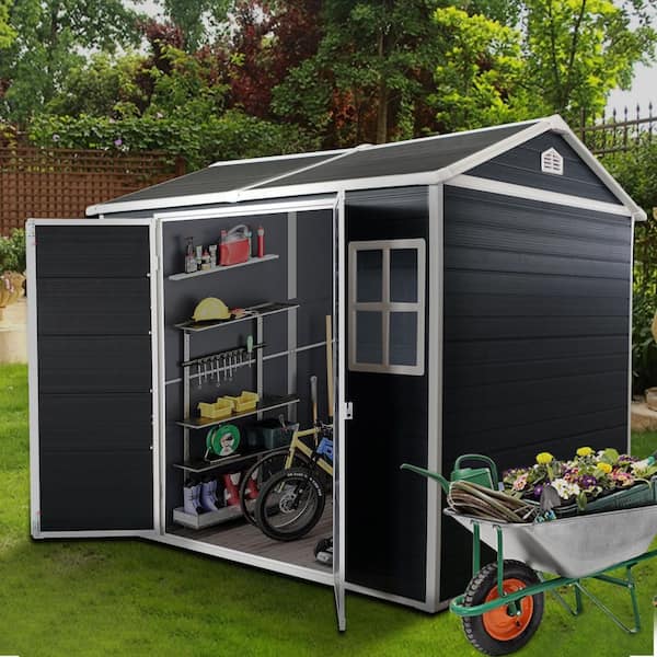 Daheat Cix, 8 ft. W x 6 ft. D Outdoor Resin Garden Shed with Floor and 2 Windows, Dark Gray, 48 sq. ft.