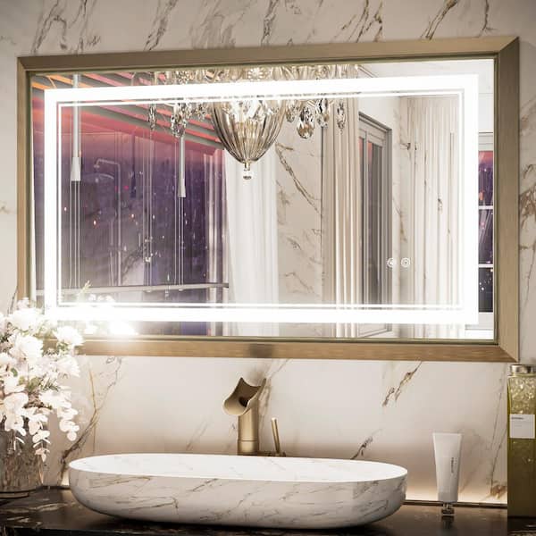 KeonJinn 40 in. W. x 24 in. H Rectangular Aluminum Framed with 3-Colors Dimmable LED Wall Mount Bathroom Vanity Mirror in Gold